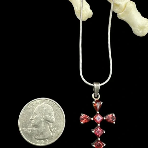 Vintage Sterling Silver Garnet Cross Pendant Necklace 20” Garnet Cross Religous
